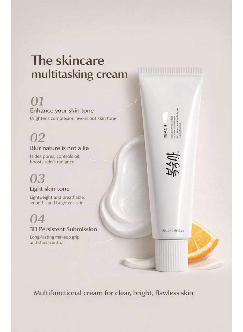 Peach Rice Hydrating No-Makeup Foundation Tone-Up Cream with Niacinamide & Hyaluronic Acid – Lightweight Brightening Face Makeup Base, Natural Nude Finish, Non-Cakey, Long-Lasting, Oil-Free - Image 2